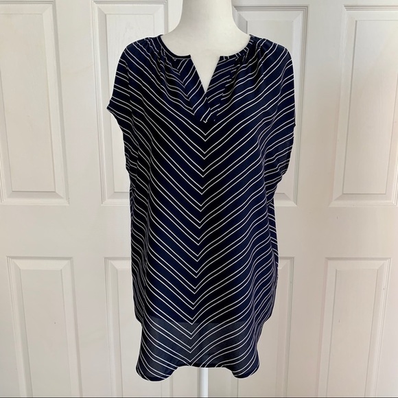 Maurices Navy Striped Short Sleeve Sheer Blouse - Picture 1 of 8